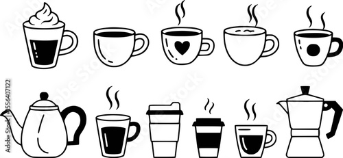 Black and white line art illustration of various coffee beverages and brewing equipment