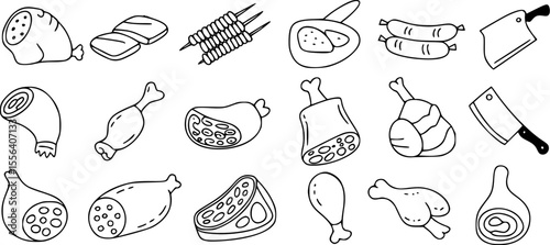 Black and white line art illustration of various meat cuts and butcher tools food