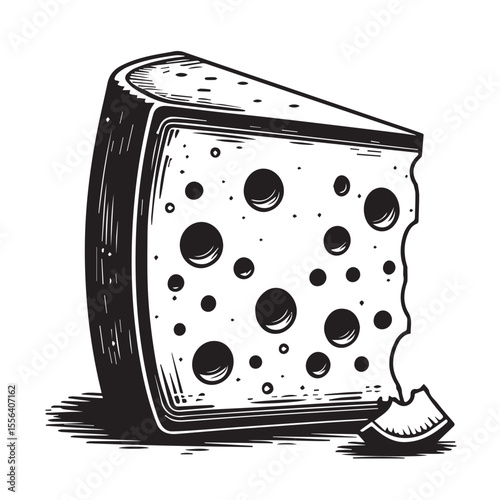A stylized black and white illustration of a wedge of swiss cheese with holes and a bite taken out presented in a graphic silhouette style