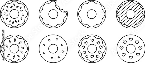 Black and white line art illustrations of assorted donuts food