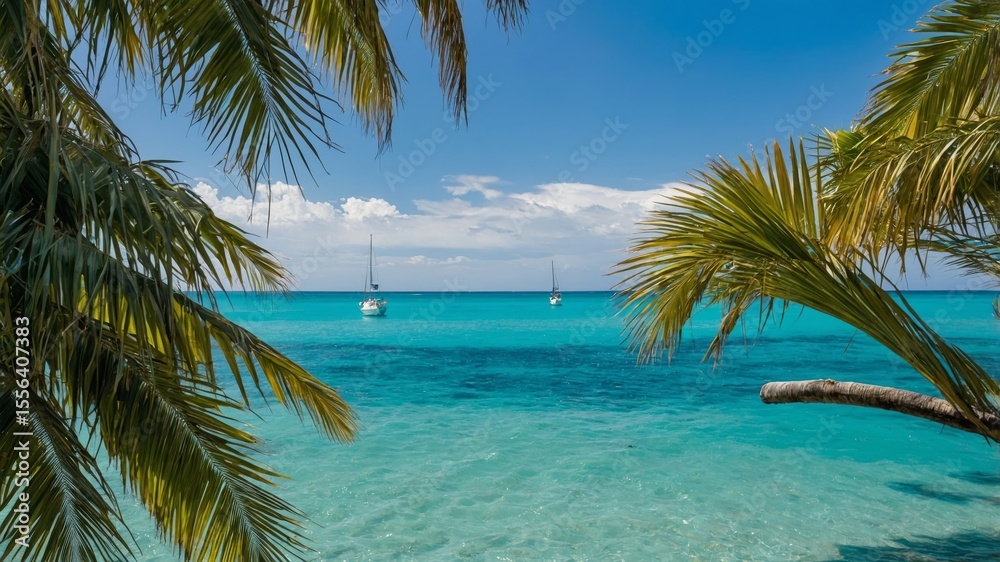 Fototapeta premium Relaxing Tropical Beach With Sailboats Under a Clear Blue Sky Surrounded by Palm Trees at Midday