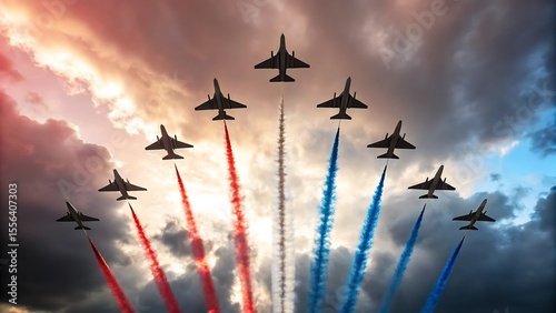 Aerobatic jet formation with red, white, and blue smoke trails soaring through dramatic sky during patriotic air show