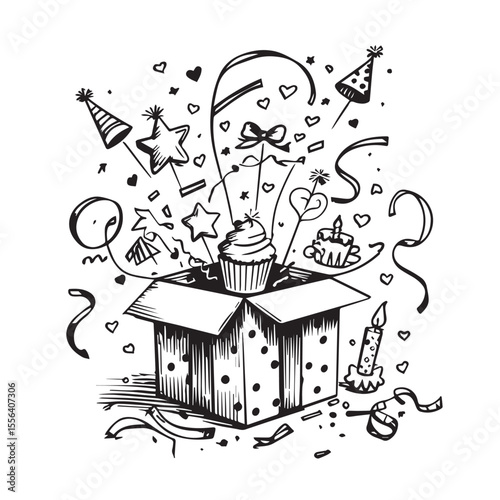 Whimsical hand drawn black and white illustration of a surprise birthday party box overflowing with a cupcake candles party hats stars ribbons and hearts silhouette