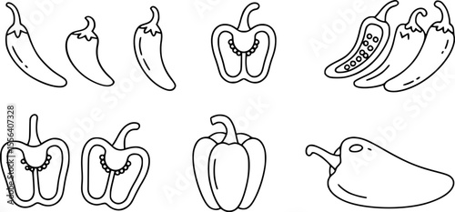 Black and white line drawing of assorted peppers chili bell pepper