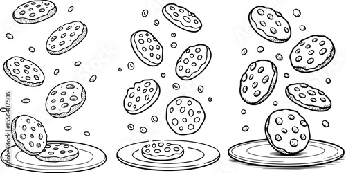 Black and white line drawing of cookies falling onto plates vector