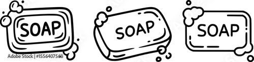 Black and white line drawing of soap bars with bubbles bar soap foam