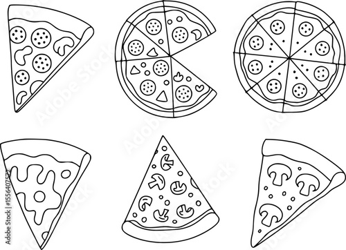 Black and white line drawing of pizza slices and whole pizzas pepperoni mushroom