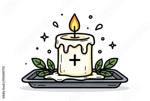 Illustration of a Burning Candle with Dripping Wax on a Tray Surrounded by Leaves, with a Plus Sign on the Candle
