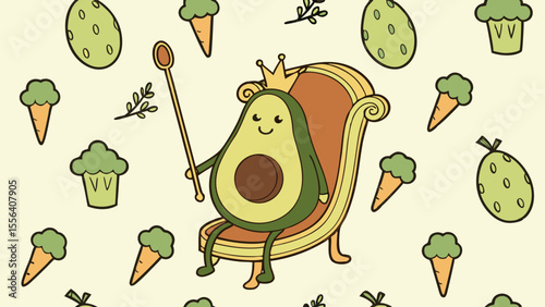 A royal avocado sitting on a golden throne 