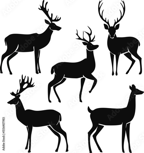 Elegant Deer Animals Silhouette Set  A Collection of Standing, Jumping, and Whole Deer Silhouettes on White Background, Perfect for Design Projects