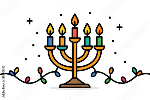 Colorful Hanukkah Menorah with Lit Candles and Festive Decorations Illustration