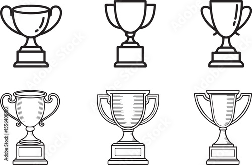 Black and white trophy illustrations with handles and bases award winner