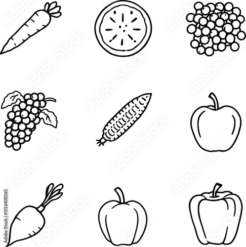 black and white hand-drawn fruit and vegetable icon grid — 9-item food illustration set for culinary and educational themes