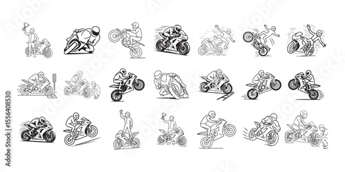 Motorcycle Racing Vector – Rider Wheelie, Drift, Crash, Mechanic, Trophy – Sportbike Clipart Line Art