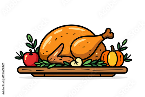Cartoon Thanksgiving Turkey Dinner with Apples and Pumpkin on a Wooden Platter Illustration