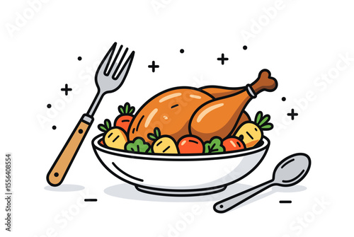 Roasted Turkey Dinner with Vegetables in Bowl, Fork and Spoon Illustration, Festive Holiday Meal