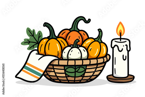 Festive Autumn Harvest: Basket of Pumpkins with Candle Illustration for Thanksgiving and Fall Season