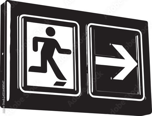 black running man pictogram indicating emergency exit to the right isolated on a white background