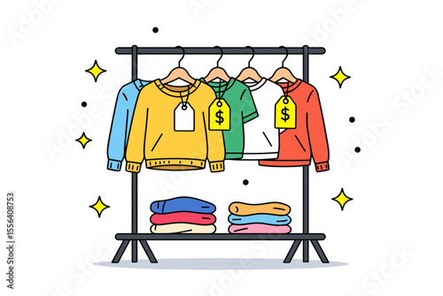 Clothing Rack with Colorful Sweaters and T-shirts Displayed for Sale, Vector Illustration