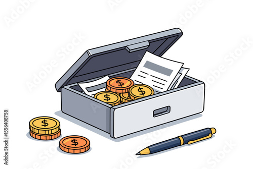 Isometric Illustration of a Cash Box with Coins, Receipts, and a Pen for Financial Management
