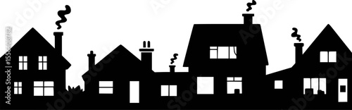 Black silhouette of houses with smoking chimneys white