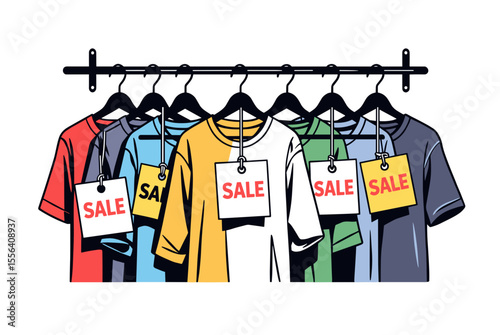 Sale T-Shirts Hanging on a Rack with Sale Tags, Colorful Apparel Vector Illustration