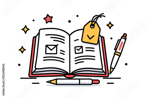 Open Book with Checkmarks and a Tag, Surrounded by Stars and Pens, Flat Vector Illustration