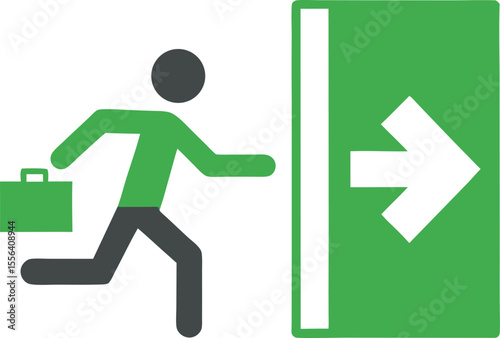 Green running man pictogram indicating emergency exit to the right isolated on a white background