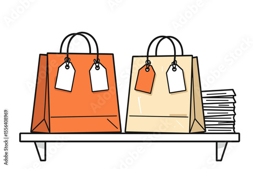 Two Shopping Bags with Tags on a Shelf, Vector Illustration for Retail and Commerce