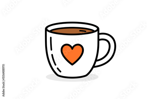 Illustration of a White Coffee Mug with a Brown Liquid and an Orange Heart Design