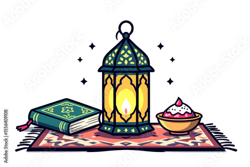 Ramadan Kareem Illustration with Lantern, Quran, and Dessert on Prayer Rug, Celebrating Islamic Culture and Traditions