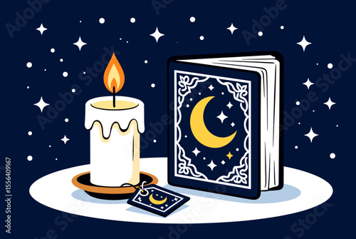 Illustration of a Candle and a Book with Crescent Moon Symbolism on a Starry Night Background