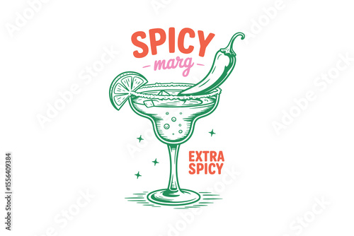 Spicy Marg Trendy Hand Drawn Cocktail Drink Illustration with Lime and Chili Design
