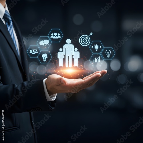 Businessman presenting digital icons representing teamwork innovation and business success