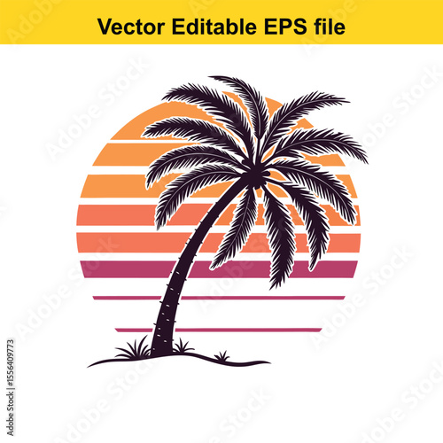 Retro Palm Tree Sunset Graphic Vintage Tropical Design Silhouette Illustration Vacation Vibes Island Getaway Nature Inspired Vector Art