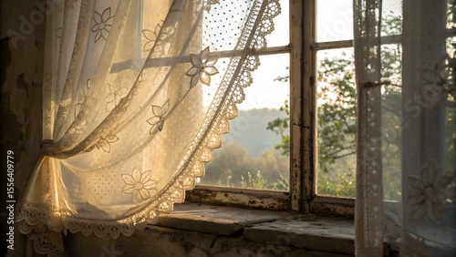 Old lace curtain fraying at edges — backlit by morning window light