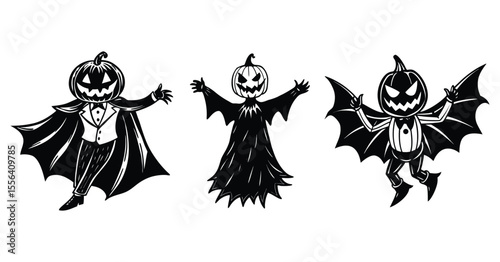 Halloween black cat sitting on carved pumpkin silhouette vector.

