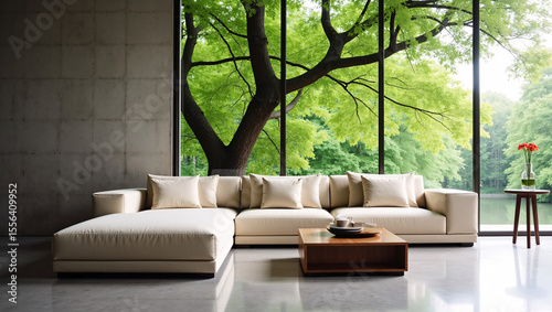 A minimalist living room with a beige L shaped sofa, a wooden coffee table, and large windows showing a tree and greenery outside, plus a small side table with flowers.