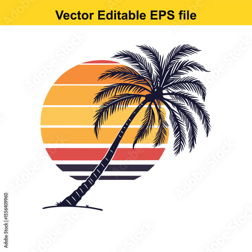 Retro Palm Tree Sunset Graphic Vintage Tropical Design Silhouette Illustration Vacation Vibes Island Getaway Nature Inspired Vector Art