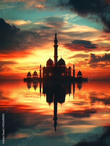 Sunset mosque in ocean