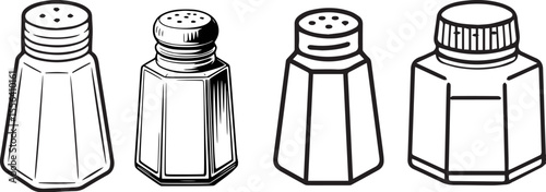 Four distinct black and white condiment dispensers salt shaker pepper shaker
