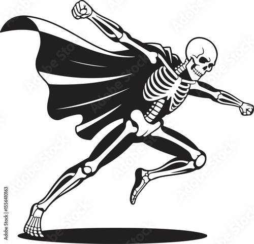 Superhero skeleton running with cape in black and white