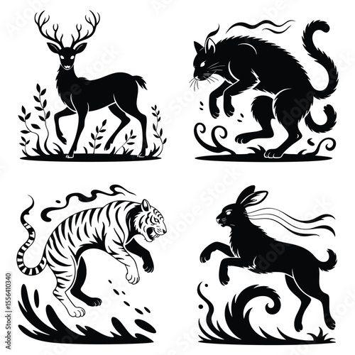 Four Black and White Animal Illustrations: Deer, Cat, Tiger, Hare