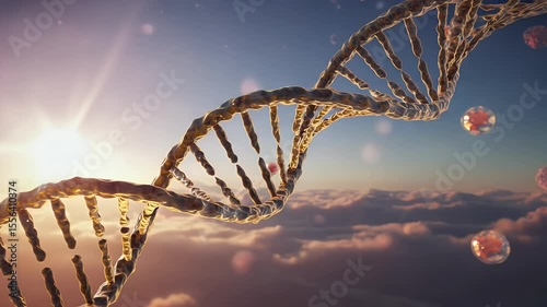 DNA structure in the sky with cells, genetic science concept animation video