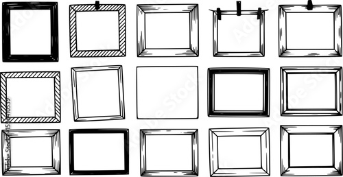 Hand drawn frames with varied styles and orientations black and white borders