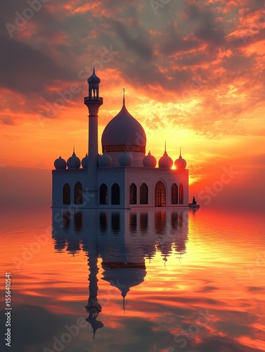 A sunset view of a white mosque with minarets on water