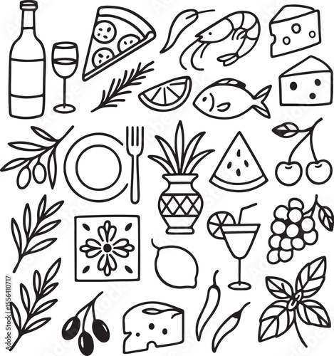 Mediterranean Food & Drink Icons - Hand-Drawn Outline Vector Set