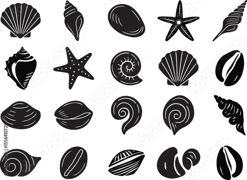 Sea Shells and Starfish Silhouettes Vector Illustration Ocean & Beach Nature Icons