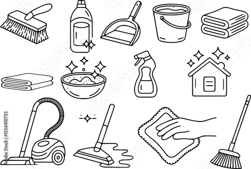 Household cleaning supplies and tools brush bottle