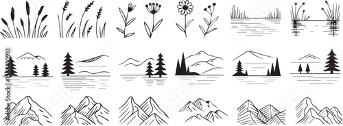 Minimalist Nature Scenes With Plants Mountains And Water reeds flowers